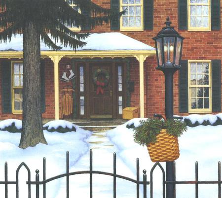     welcome - porch, gate, sidewalk, skates, lamppost, christmas, home, door, sled, tree