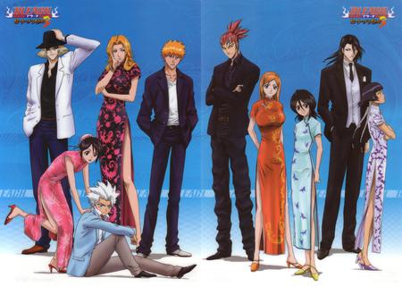 Bleach - inoue orihime, ponytail, female, hand in pocket, matsumoto rangiku, hair buns, urahara kisuke, white hair, red hair, japanese clothes, bleach, abarai renji, tattoo, alternate outfit, kimono, crossed arms, kurosaki ichigo, blue background, hinamori momo, dress, long hair, shinigami, line up, male, group, short hair, spiky hair, kuchiki byakuya, soi-fon, blonde hair, traditional clothes, simple background, kuchiki rukia, black hair, hitsugaya toushirou, orange hair, cheongsam, chinese clothes