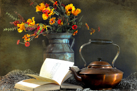 Still life - flowers, yellow, still life, book