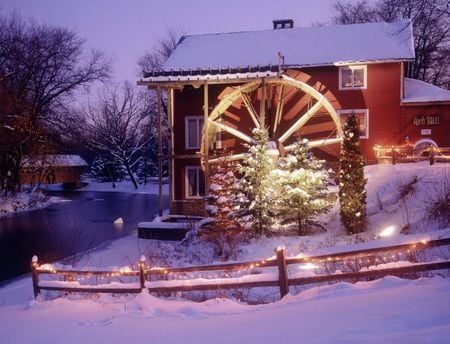 Red Mill - decorated, red mill, trees, winter, mills, mill, christmas, nature, red, snow, river, rivers, frozen, decoration, lights