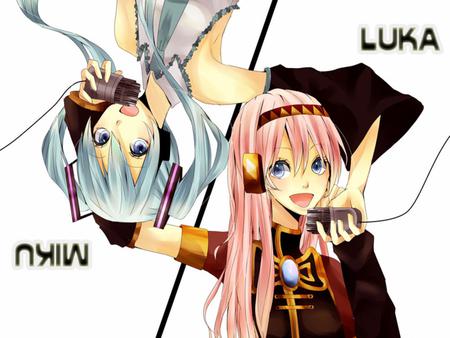 Hatsune Miku & Megurine Luka - virtual, miku, vocaloids, song, microphone, megurine, megurine luka, cool, singers, pink, headphones, awesome, vocaloid, anime, twintail, singing, aqua hair, hatsune, black, cute, beautiful, hot, girl, anime girl, white, pink hair, luka, anime girls, program, aqua eyes, artistic, pretty, aqua, beauty, art, diva, nice, sexy, names, idol, headset, music, hatsune miku