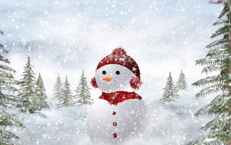 Xmas snowman - nice, snowman, trees, winter, scarf, christmas, cool, snow, red, holiday, tree, pines