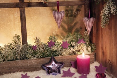 holiday - nice, candle, heart, photography, happy new year, star, purple, cool, merry christmas, window, snow, beautiful, holiday, photo, decoration, harmony