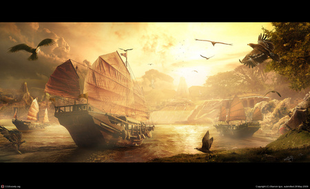 Ancient Temple - ship, mountain, sea, birds