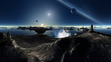 Colonia - space, fantasy, waterfall, planet, mountain, sun