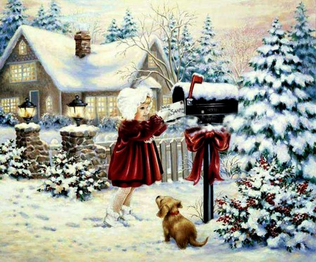 Christmas Wish - house, trees, winter, snow, letter, girl, dog, child, christmas, lights, ribbon, bow, mailbox