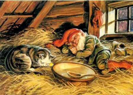 Cozy Nap - spoon, elf, cat, hay, bowl, santas helper, goves, christmas, window, napping, barn, shoes