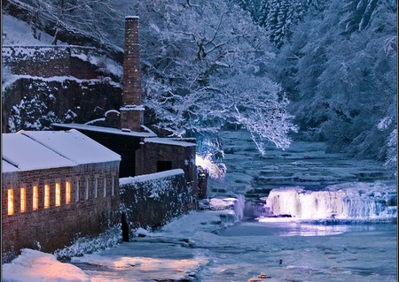 Frozen Falls - ice, hill, lake, trees, winter, stack, waterfall, mill, snow, frozen