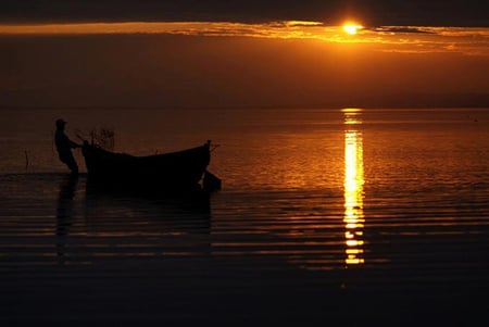 Sunset - water, sunset, boat, river