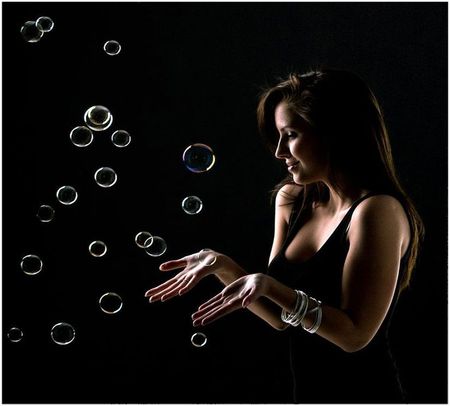 Bubbles - happy girl, smile, female, lady, woman, bubbles, background, dark