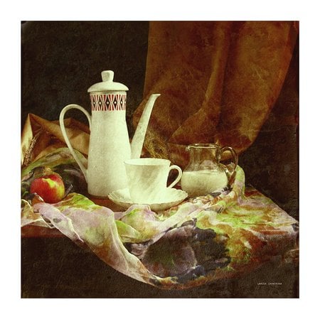 Tea Time - milk, beautiful, table, teapot, composition, glass pot, shawl, fruit, apple, teacup