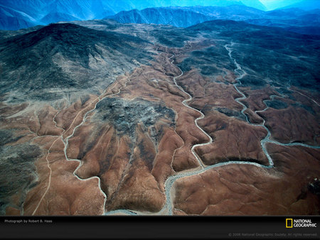 Andes Mountains - bird view, blue, rivers, brown, mountains