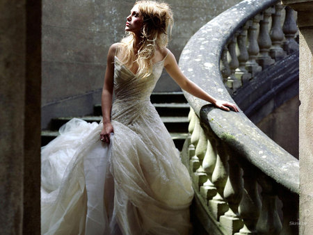 blonde on stairs - gown, white, female, woman, model, dress, blonde