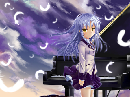 Kanade - yellow eyes, skirt, sky techibana kanade, feathers, agnel, school uniform, piano, sliver hair, clouds, angel beats