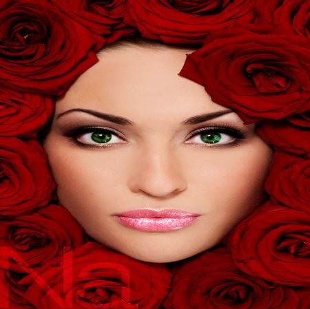 Rose face and green eyes - woman, face, green eyes, roses, red, beautiful, model