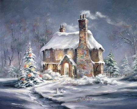 Winter Retreat - fence, fresh, trees, smoke, chimneys, rabbits, painting, decorations, snow, crisp, house, lights