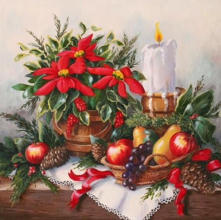 A Christmas Setting - candle holder, cloth, poinsettias, candle, table, flame, pine cones, grapes, apples, painting, arrangement, baskets, fruits, pears