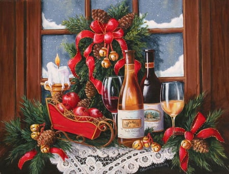 Christmas Cheer - candle holder, window, snow, candle, table, garland, bells, pine cones, wine, apples, wreath, glasses, painting, decorations, ribbons, doily