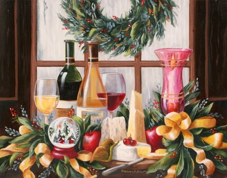 Christmas Delights - candle holder, glass, cheeses, globe, fruits, window, wreath, candle, decorations, wine, table, ribbons, painting, knife