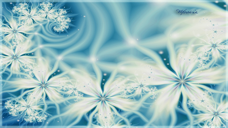 Winter Flowers - white, fractal, blue, flowers, spiral