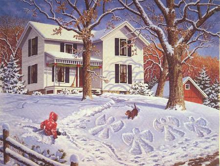 snow  angels - fence, girl, trees, winter, dog, snow, snowangels, house, barn