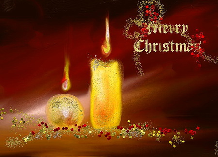 Merry Christmas greeting - flames, greeting, gold, merry christmas, sparkle ribbon, candlse