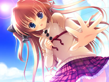 Dont Look! - sky, skirt, sun, blue eyes, long hair, anime girl, brown hair, clouds, cute