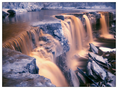 Golden Falls - fall, snow, river, winter