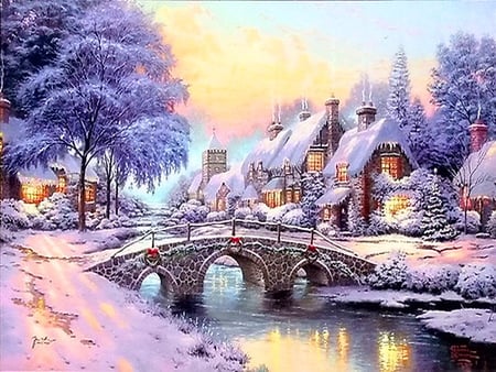 Little bridge - wreaths, river, trees, town, snow, houses, church, bridge