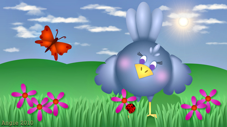 Blue Bird - illustration, flowers, bird, cartoon, summer, butterfly, spring, grass