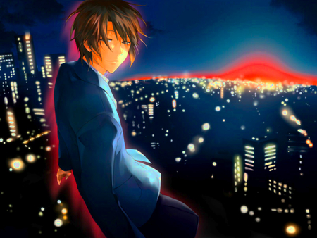 Anime boy - boy, anime, blue, city, night