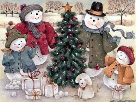 Snowman family Christmas scene - christmas, snowman, winter, holiday, snow, family