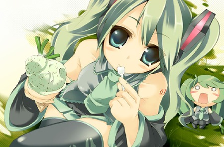 ice cream miku - leeks, ice cream, mint, miku, mini miku