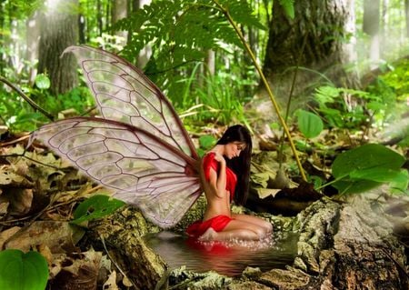 Fantastic forest fairy - trees, fantasy, red, green, fairy, forest