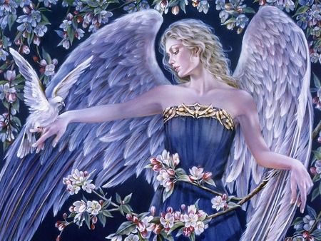 Charming Angel - beauty, angel, dove, wings, fantasy, white, white dove, painting, purple, art, blue dress, anime, blond angel, feathers, peace, goth, guardian, abstract, blue, flowers