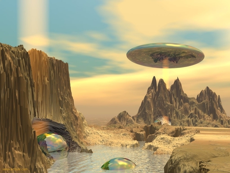 Invaze UFO - scifi, lake, ufo, mountain