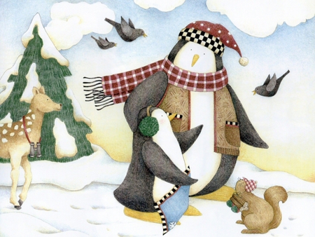 Holidays7 - new year, pinguin, squirrel, snow, holiday, winter, christmas