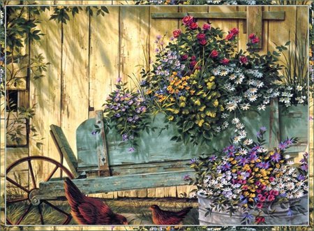 Spring Days - cart, spring, home, flowers, wheel barrel, shed, mix, chickens, feeding, simple, bouquet, life, variety, harmony, floral, country, pleasant