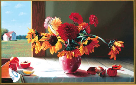 Summer Time  - outside, farm, fresh, pumpkin, kitchen, bouquet, fruit, country, cup, vase, colour, window, red, table, mix, flowers