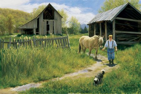 The Good Life - farm, sky, trees, peaceful, mountains, path, dog, grasses, barns, fields, fence, walking, summer, country, horse, warm, boy, quite