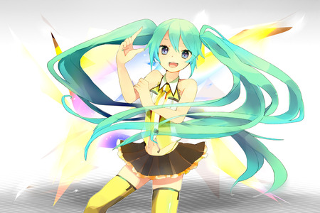 Hatsune Miku - tie, pretty, awsome, nice, program, hot, thighhighs, beauty, virtual, white, cute, aqua eyes, song, sexy, vocaloid, anime, yellow, twintail, hatsune miku, music, aqua, golden, idol, anime girl, skirt, beautiful, singer, girl, cool, black, glow, miku, diva, aqua hair, hatsune, vocaloids