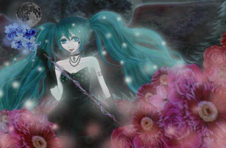 Hatsune Miku - virtual, miku, vocaloids, song, microphone, singer, sparkles, purple, cool, pink, awesome, flowers, vocaloid, anime, twintail, singing, aqua hair, hatsune, black, cute, beautiful, black dress, girl, anime girl, white, program, aqua eyes, pretty, glow, aqua, beauty, dress, diva, nice, stage, idol, music, hatsune miku