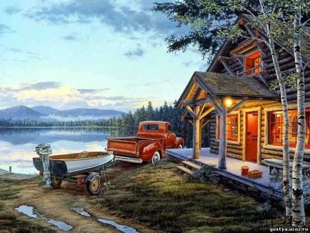 Cottage Retreat - veranda, fishing gear, get a way, fishing, boat, scenic, truck, trailer, nature, motor, quite, lake, cottage, woods