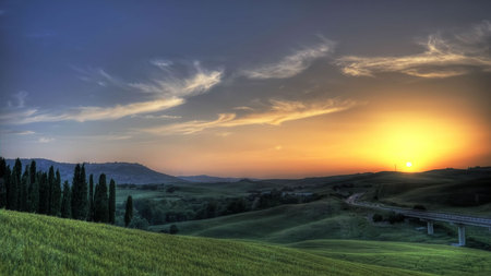 Magnificent Landscape - fields, beautiful, sunrise, lovely, skies, sunset, nature, green, sun, sky