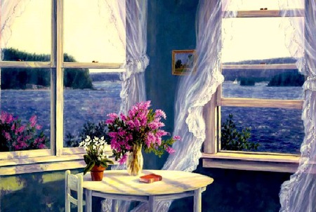 Sea Breeze - water, book, windows, table, sea, ocean, still life, white curtains, chair, flowers, mountains