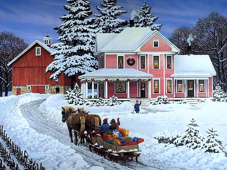 The visit - trees, winter, pink house, wave, country, horses, snow, sleigh, family, gifts, barn