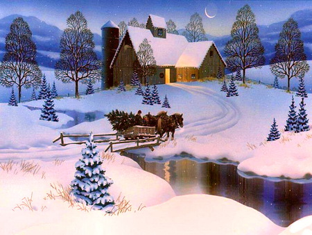 The tree - sleigh, house, trees, winter, pond, snow, light, horse, christmas tree, country