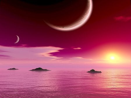 PINK SUNSET - clouds, moons, sunset, ocean, pink, sky