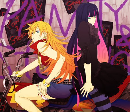 panty & stocking with garterbelt - motorcycle, panty and stocking with garterbelt, green eyes, panty, stocking, blue eyes