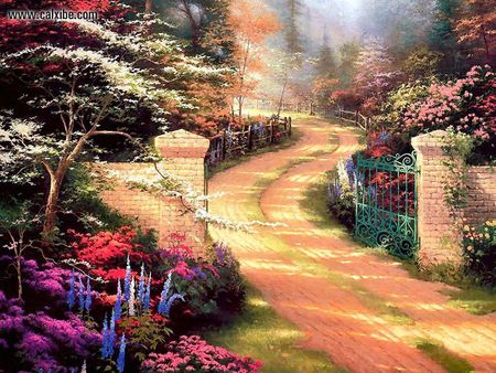 Spring Gate - gate, garden, landscape, flowers, spring, colour, trees, nature